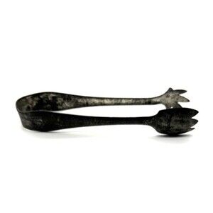 Antique Forged Steel Serving Tongs Floral Tulip Ends Primitive Kitchen 7"